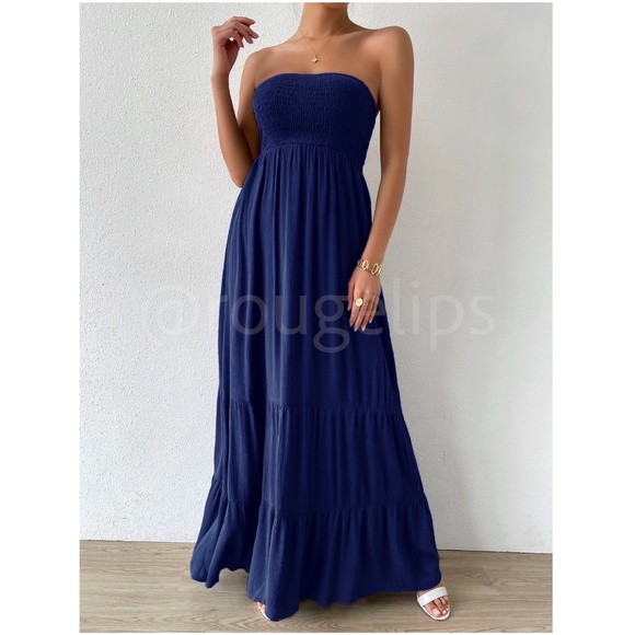 Strapless Maxi Dress Long Navy Blue Shirred Top Flared - Picture 6 of 8